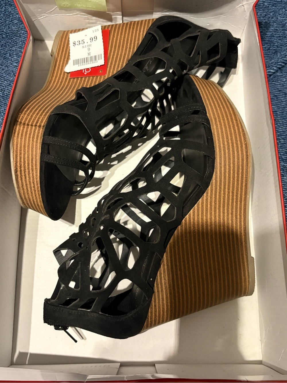 Womens Hot Tomato Black Cutout Wedge Sandals